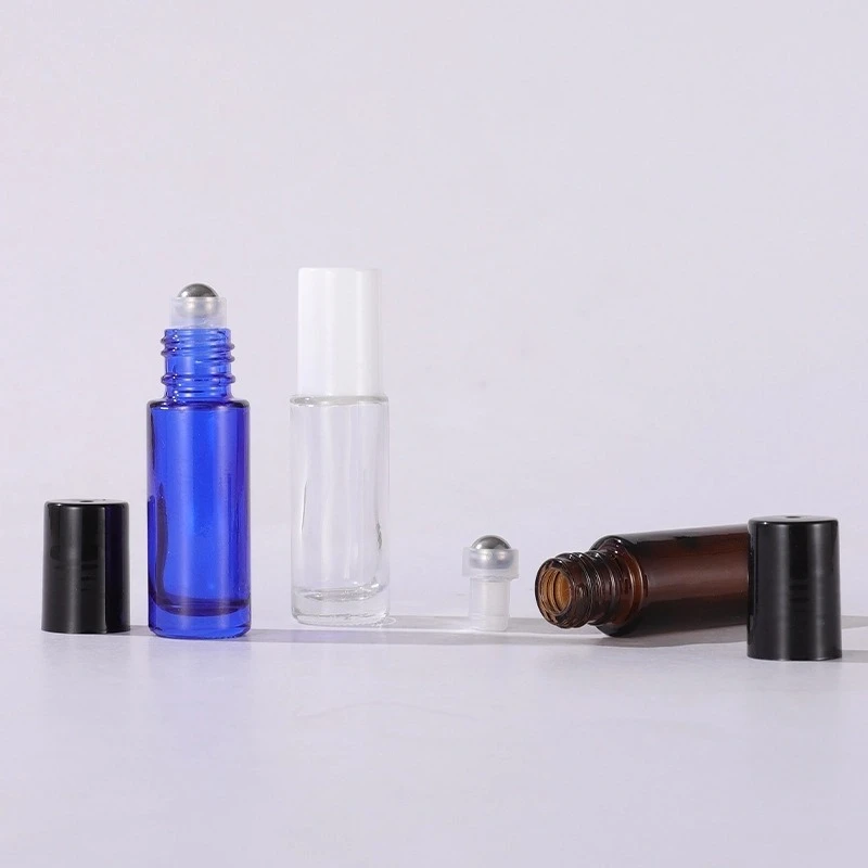 5ml thick-bottomed black and white cap glass rollerball bottle