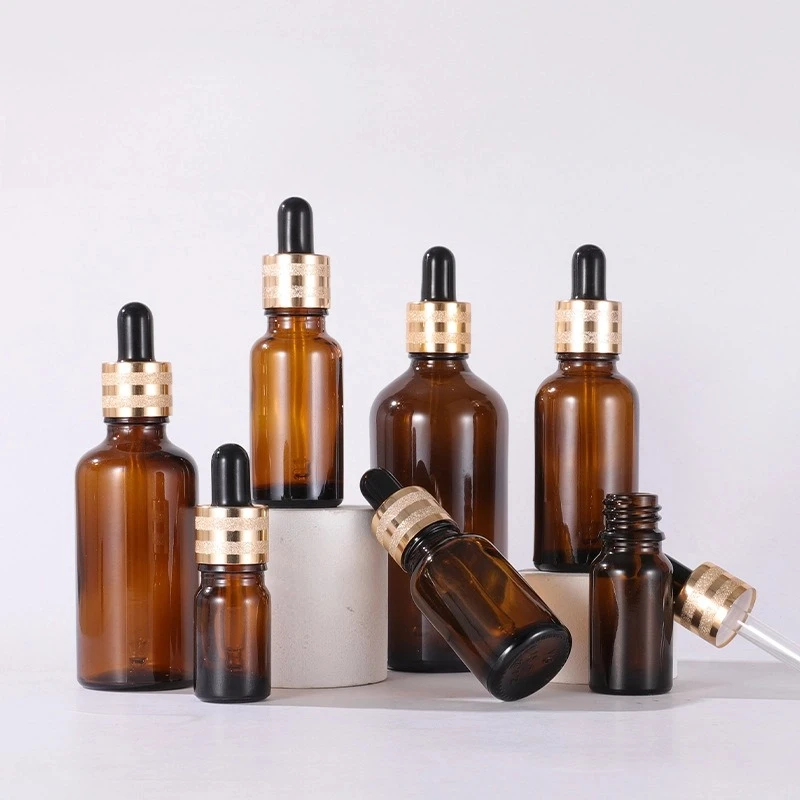 Sandblasted Striped Gold-rimmed Brown Glass Dropper Bottle Sandblasted Striped Gold-rimmed Brown Glass Dropper Bottle